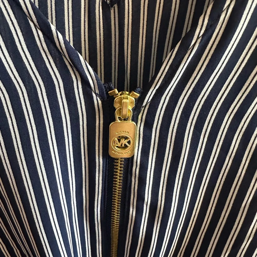 Michael Kors Navy and White Striped Zip-Front Tie Hem Blouse